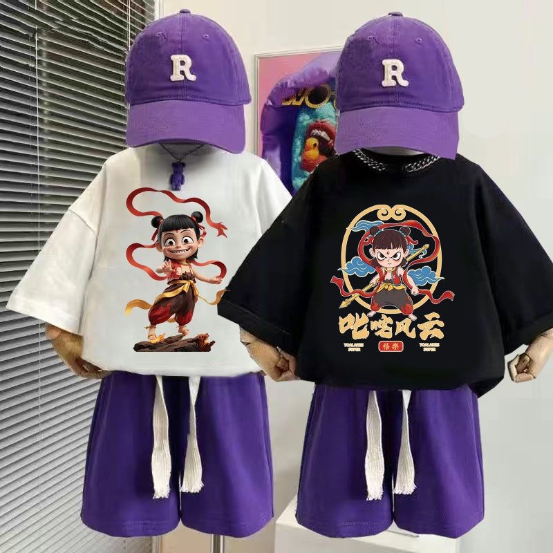 男童女童哪吒2025新款纯v棉休闲短袖t恤短裤时尚百搭休闲宽松套装