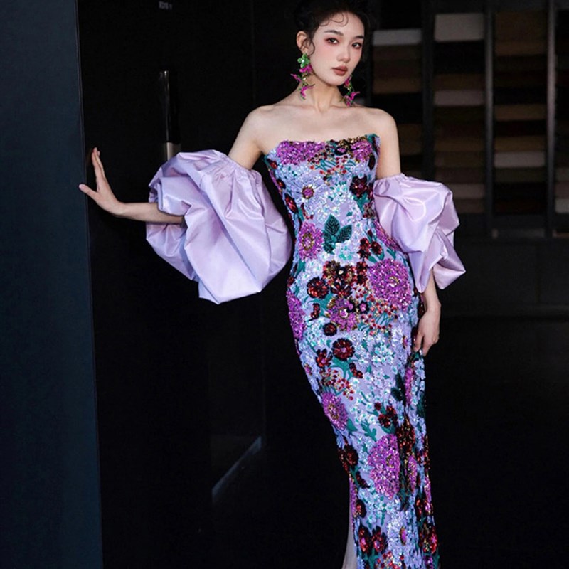 结婚新娘晨袍婚礼晨拍晚礼服女新款高级感亮N片长款订婚鱼尾敬酒