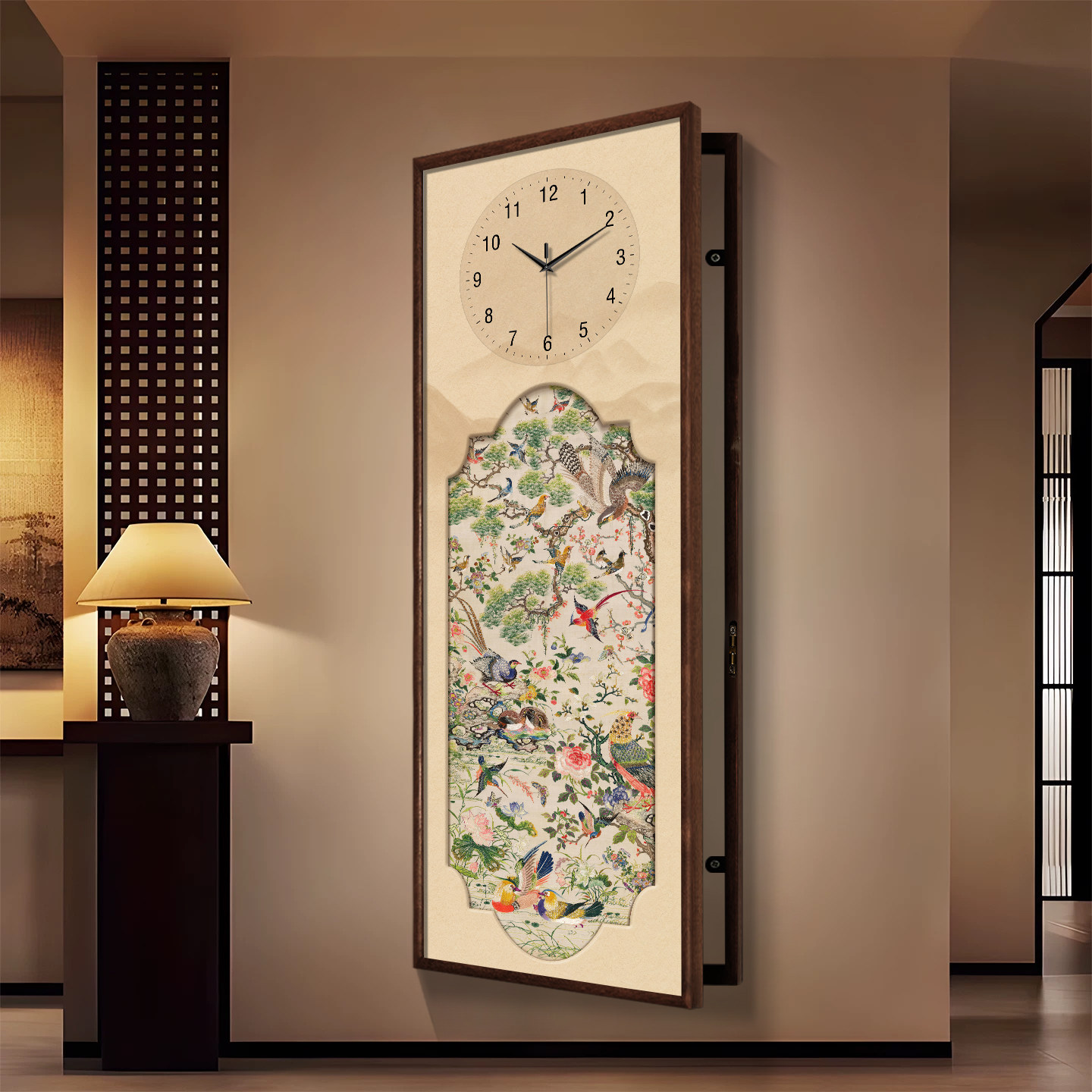 新中式花鸟图电表箱装饰遮挡网线盒实木挂画带时钟大尺寸竖款壁画
