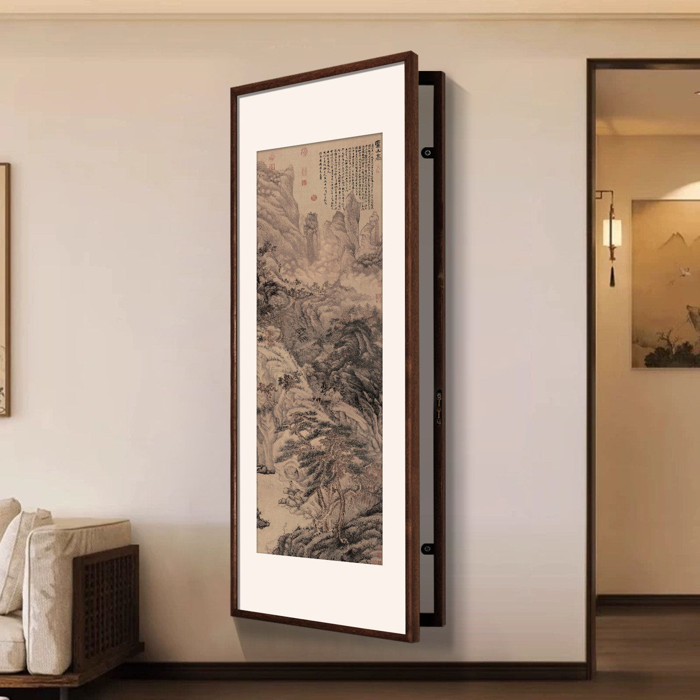新中式山水图实木电表箱装饰画客厅玄关大尺寸弱电箱遮挡宋式挂画
