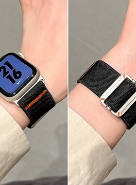 适用iwatchS11山地越野弹力尼龙表带苹果手表S10运动applewatch9/8透气SE2舒适7男款ultra工装宽版46/42/40mm