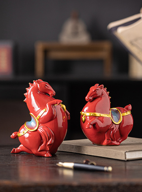 陶瓷红马新中式客厅摆件装饰品