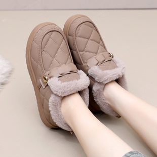 意迪森冬季加绒菱格纹雪地靴女士一脚蹬毛毛内里保暖防滑保暖棉鞋