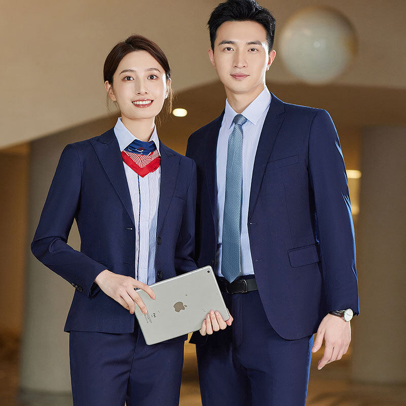 银行工作服西装套裤衬衫修身套装宝蓝色男女同款行服藏蓝工装制服