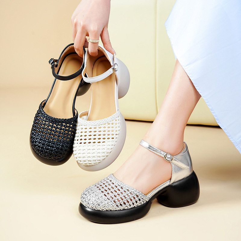 真皮编织包头中空凉鞋女厚底粗