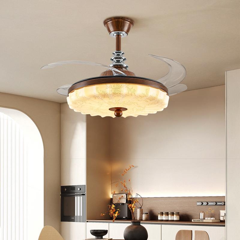 法式古风复古隐形胡桃木客厅风扇中古餐厅护眼卧室静音电扇吊扇灯