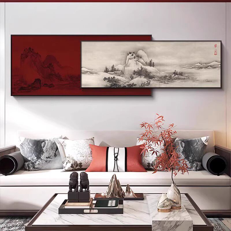 新中式客厅沙发背景墙装饰画大气千里江山图山水国画餐厅茶室壁画