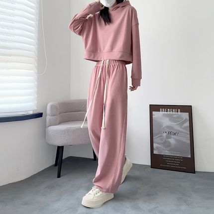 运动套装女秋冬大k码宽松胖mm慵懒短款连帽卫衣加绒加厚摇粒绒卫