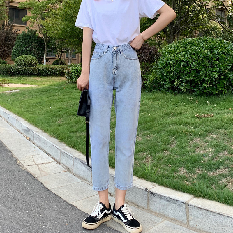 2021夏薄g款高腰浅色宽松牛仔裤女直筒阔腿八分小个子哈伦萝卜裤