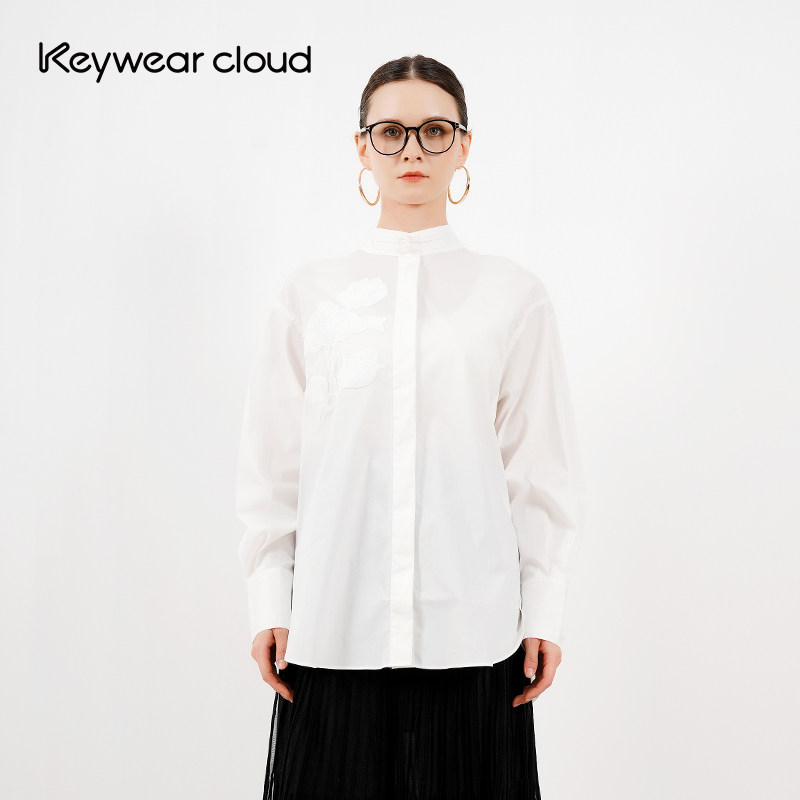 Keywearcloud奇威新中式立领盘扣立体花卉刺绣白衬衫