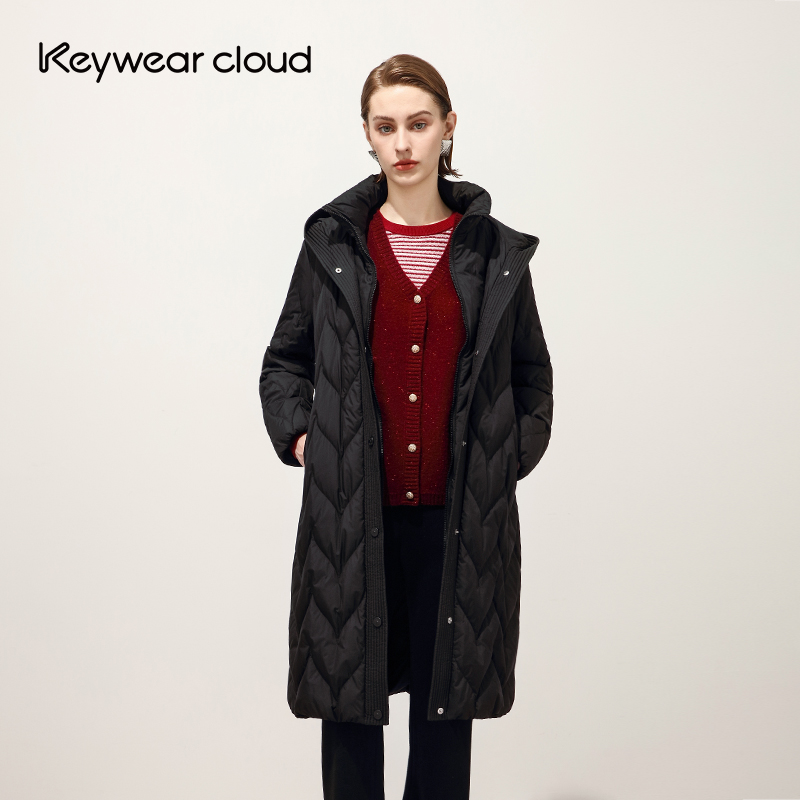Keywearcloud奇威连帽高领可调节腰带设计长款90鹅绒服