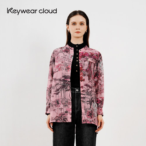 Keywearcloud奇威花卉立领衬衫中长款开衫复古植物印花长袖衬衣