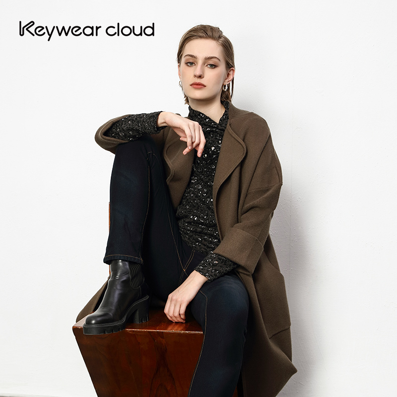 Keywearcloud奇威冬季长袖宽松女装气质中长款风衣外套
