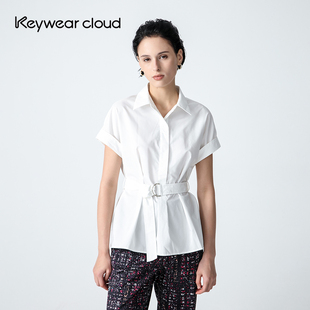 Keywearcloud奇威秋季提腰线纯色百搭翻领短袖通勤衬衣衬衫上衣