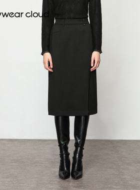 Keywearcloud奇威秋季黑色微光极简半身包臀裙子