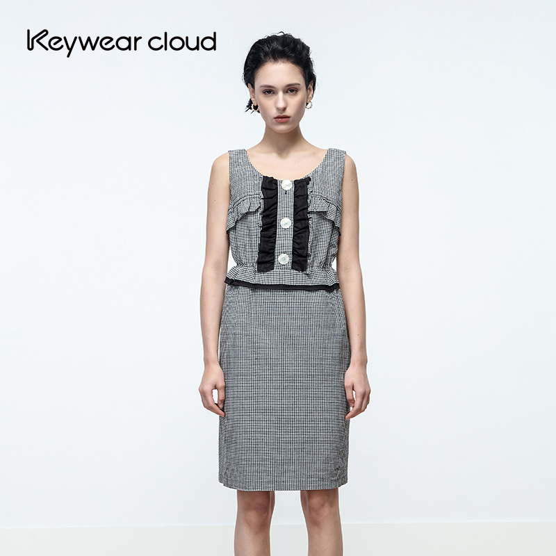 Keywearcloud奇威夏季圆领无袖浪漫典雅无袖直筒洋装格子连衣裙