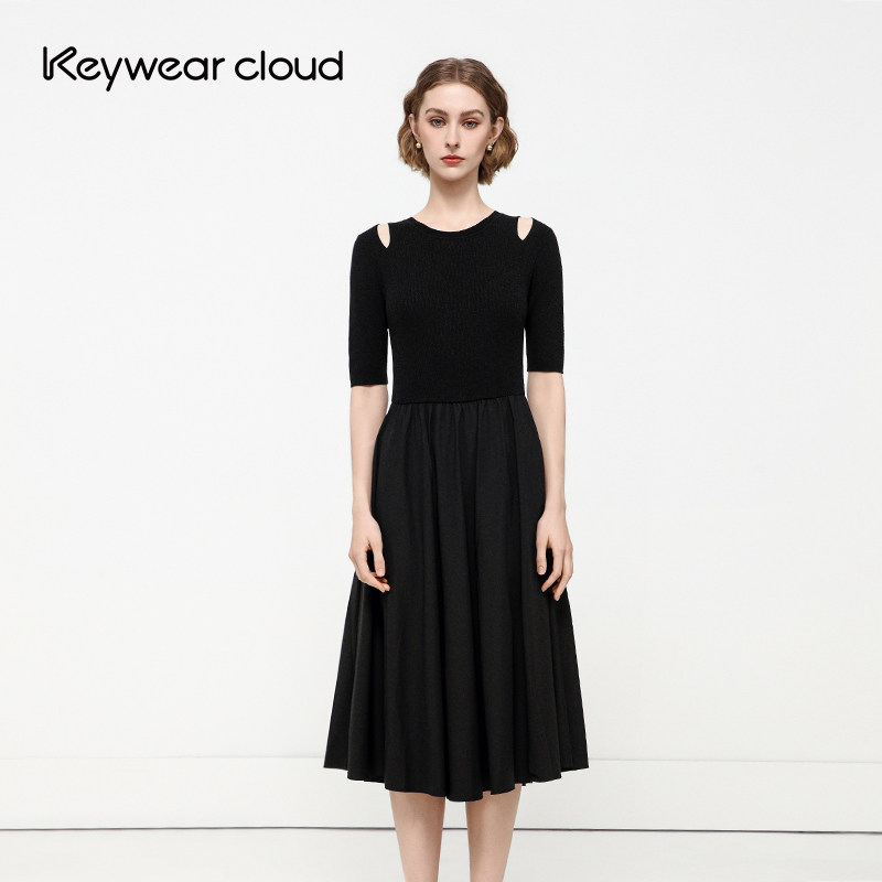 Keywearcloud奇威赫本风镂空肩带针织拼接收腰大摆连衣裙