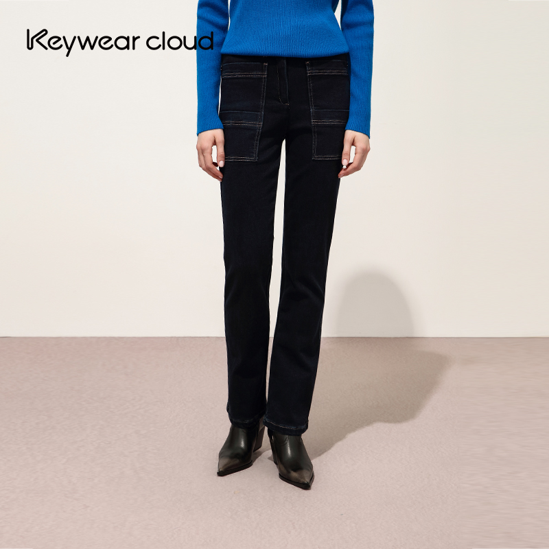 Keywearcloud奇威秋冬新款女装裤子明线口袋休闲直筒裤牛仔裤长裤