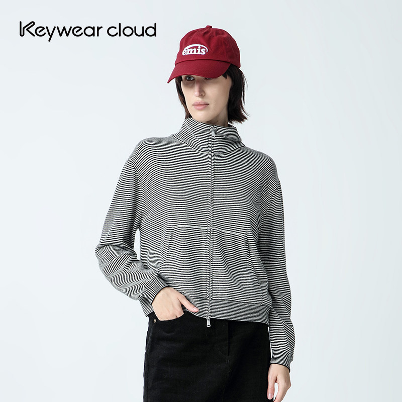 Keywearcloud奇威秋季小高领质感拉链条纹上衣针织针织衫百搭开衫