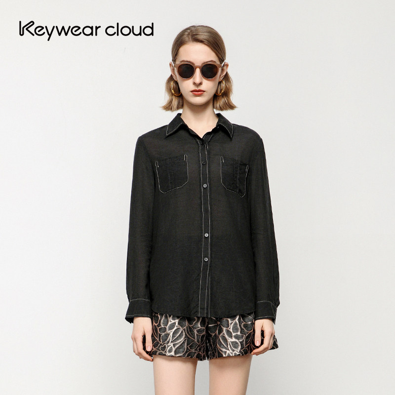 Keywearcloud奇威极简通勤撞色明线双口袋宽松翻领衬衫外套