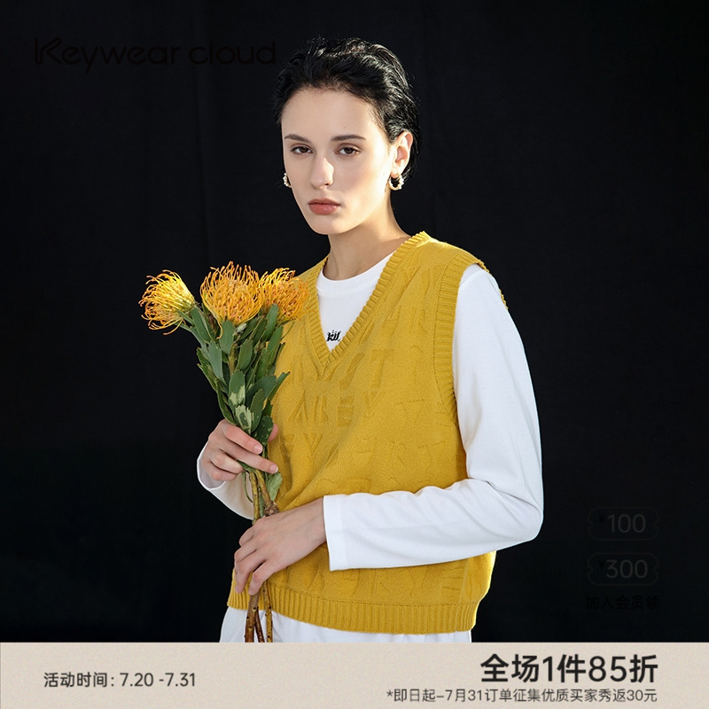 Keywearcloud奇威秋季新款V领外穿上衣女无袖背心短款百搭毛衣