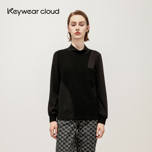 Keywearcloud奇威秋冬简约不失设计T恤半高领拼接长袖 上衣