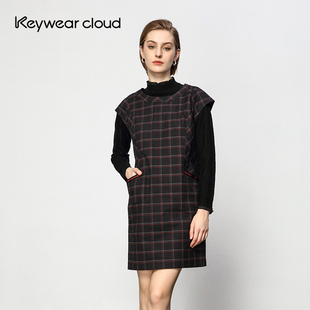 Keywearcloud奇威女装黑色无袖修身款格子拼接连衣裙