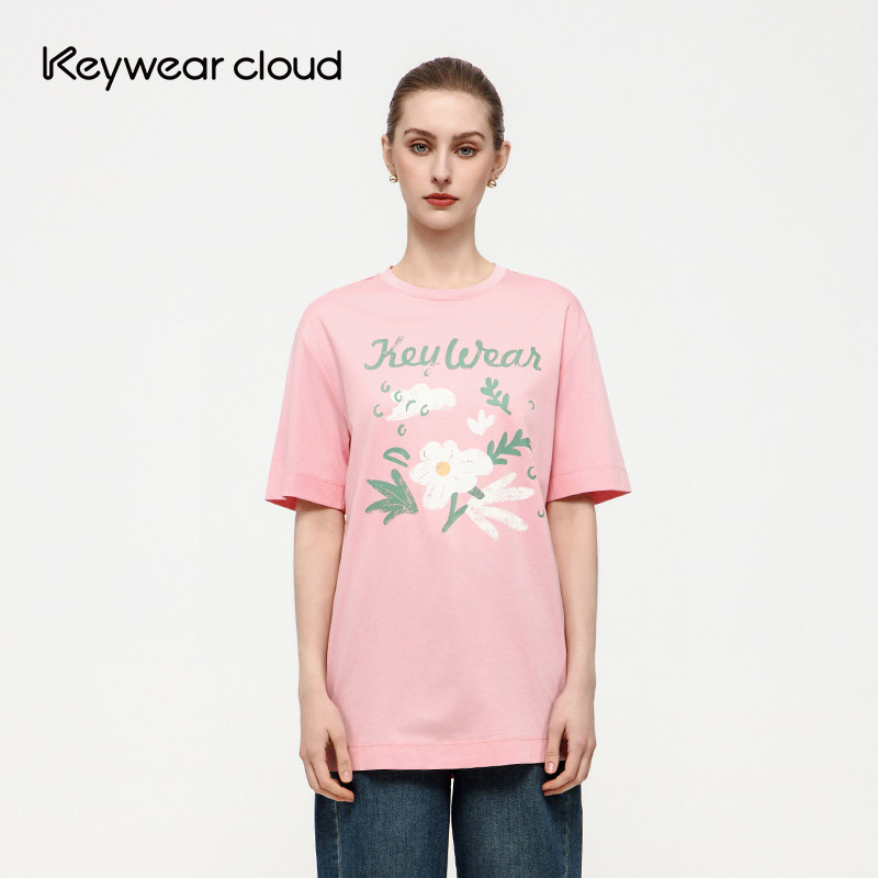 Keywearcloud奇威小清新雏菊印花T恤女夏季粉色圆领短袖休闲上衣