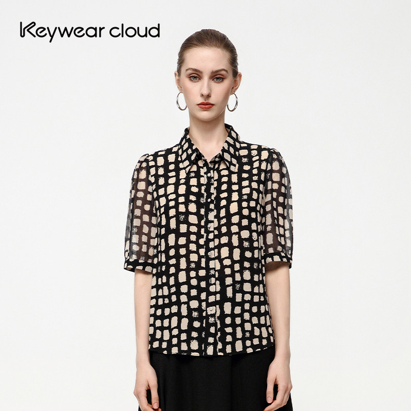 Keywearcloud奇威夏季新款格子衬衫女短袖显瘦印花复古百搭衬衣