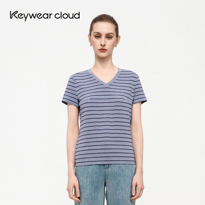 Keywearcloud奇威简约撞色设计基础百搭V领条纹短袖上衣