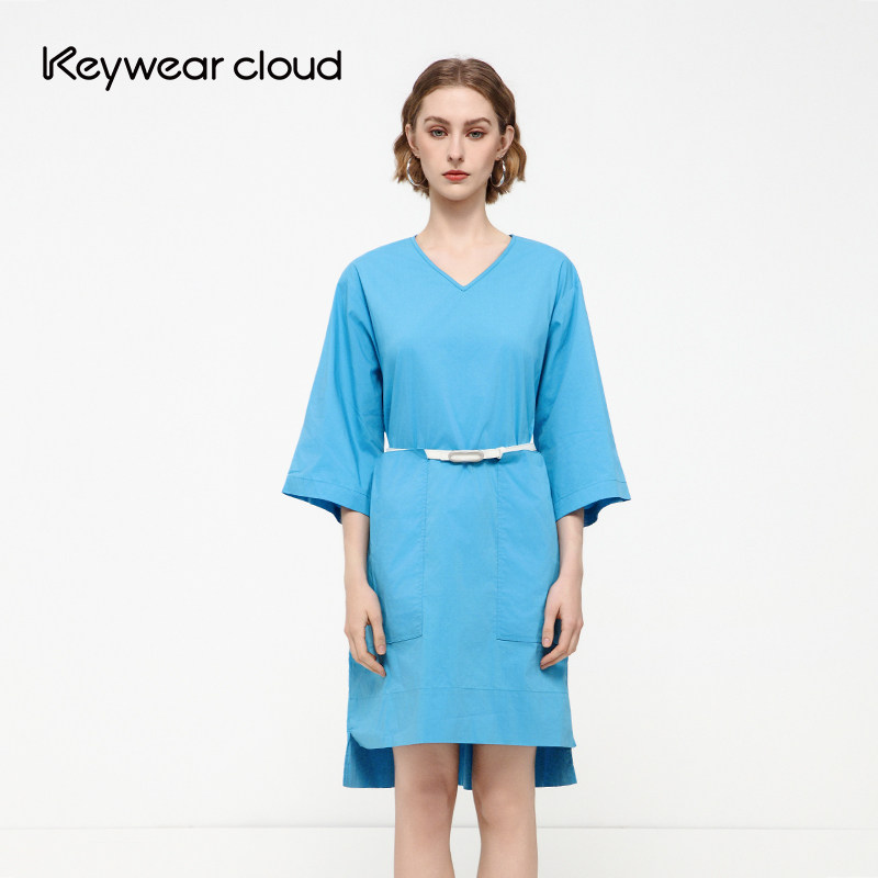 Keywearcloud奇威夏季宽松七分袖慵懒风V领大口袋不规则连衣裙