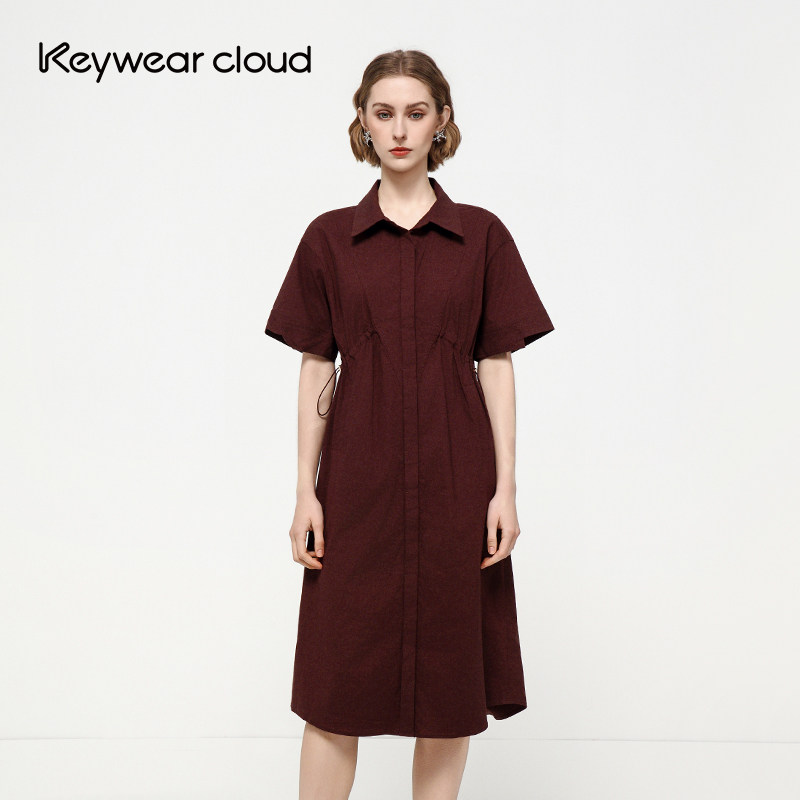 Keywearcloud奇威高级感收腰抽绳显瘦中长款气质通勤宽松连衣裙