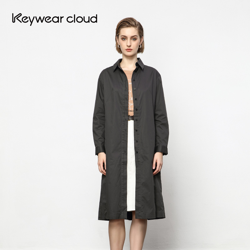Keywearcloud奇威女装全棉立领深灰色外套休闲百搭长袖风衣女