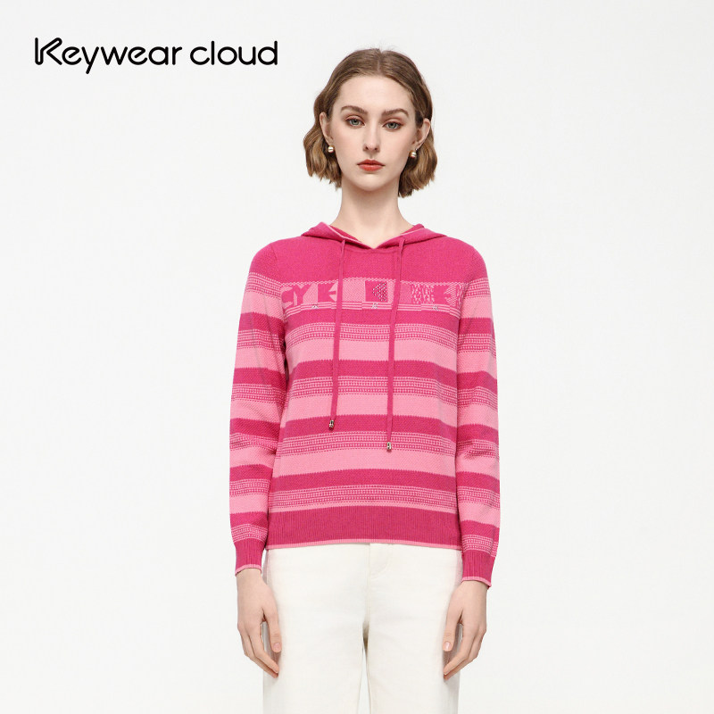 Keywearcloud奇威温柔风玫红毛衣女秋冬连帽条纹针织卫衣休闲上衣