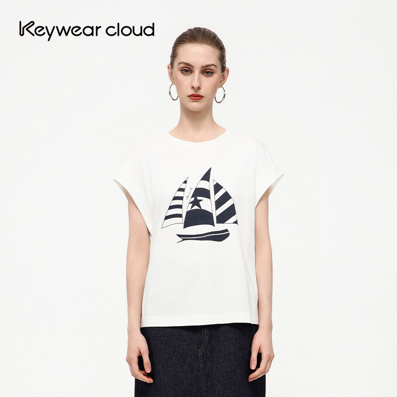 Keywearcloud奇威宽松遮肉帆船印花垂袖韩系慵懒风百搭上衣