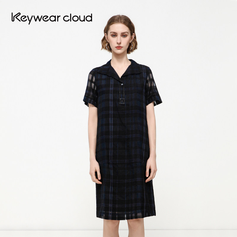Keywearcloud奇威跳色格子宽松显瘦V领短袖直筒裙气质休闲连衣裙