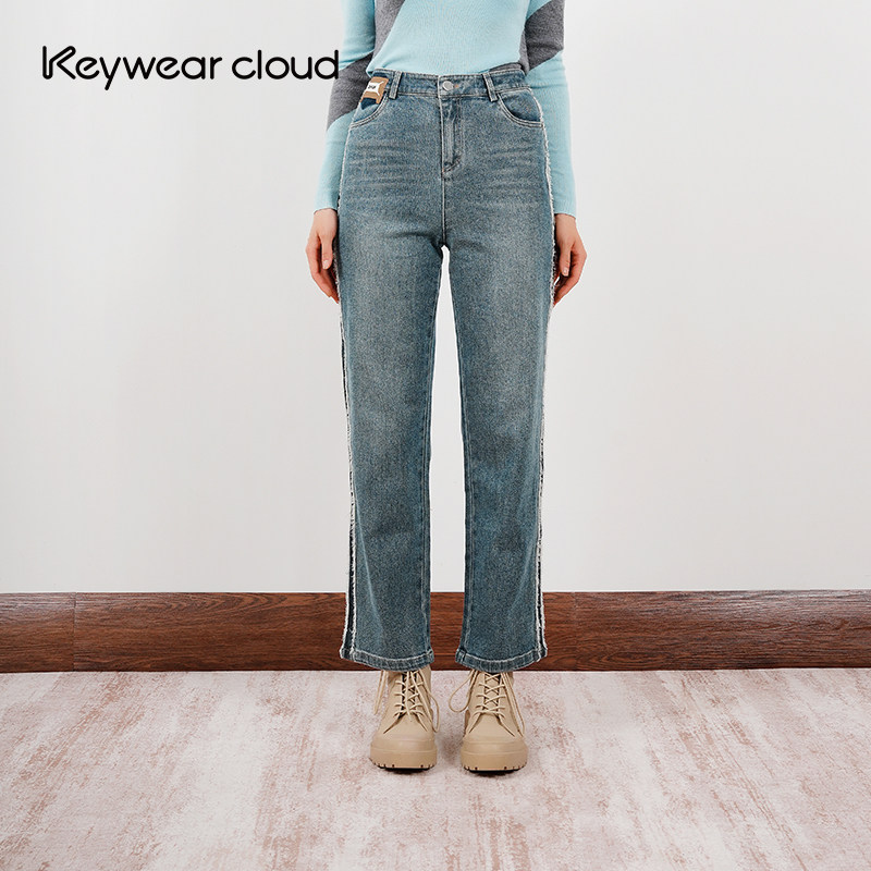 Keywearcloud奇威复古毛边条纹微喇侧边流苏设计感直筒牛仔裤