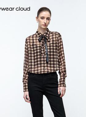Keywearcloud奇威秋季复古薄款绑带翻领印花格子衬衫女长袖衬衣