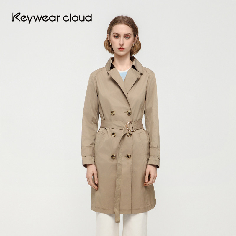 Keywearcloud奇威风衣春秋双排扣收腰中长款通勤大衣女(配腰带)