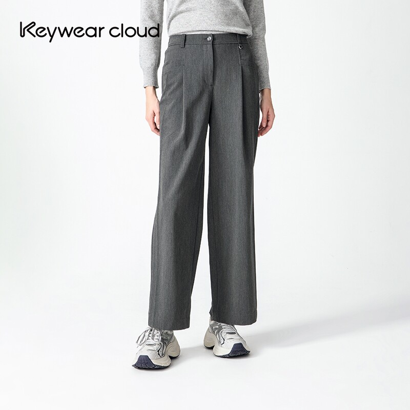 Keywearcloud奇威高腰直筒裤长裤女装宽松通勤大口袋正装休闲裤