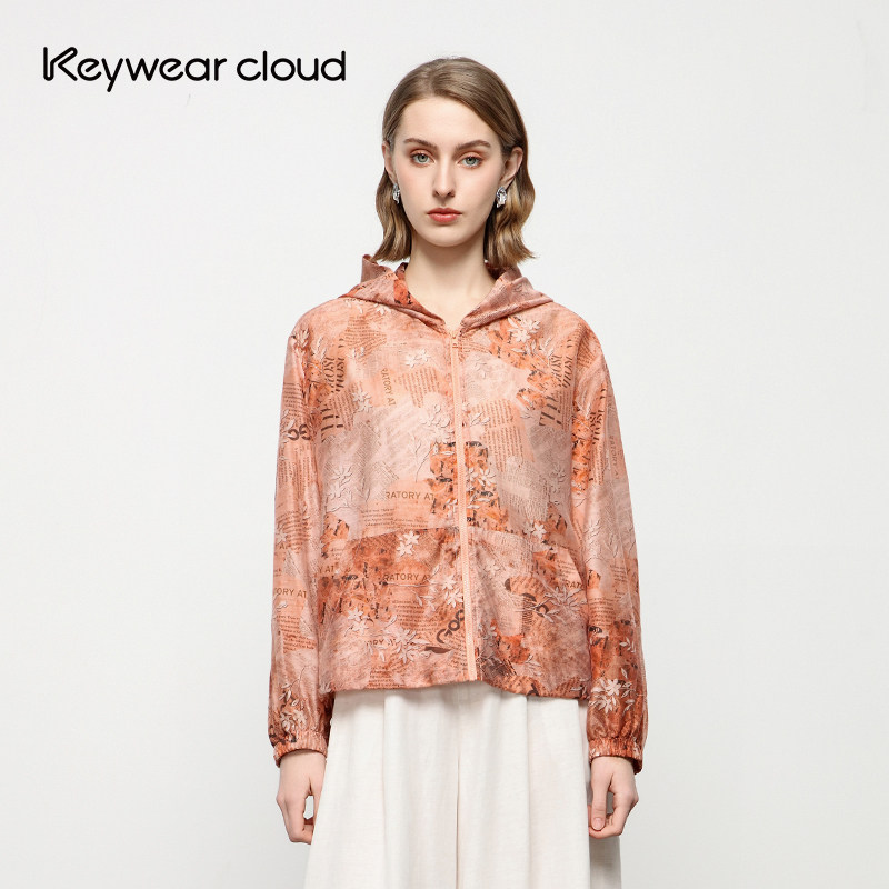 Keywearcloud奇威复古报纸印花连帽薄款透气宽松拉链外套