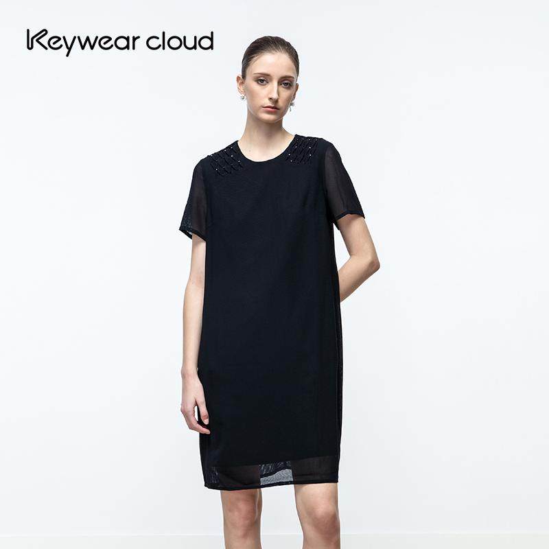 Keywearcloud奇威纱感秋季新款闪亮直筒群短袖薄款黑色圆领连衣裙