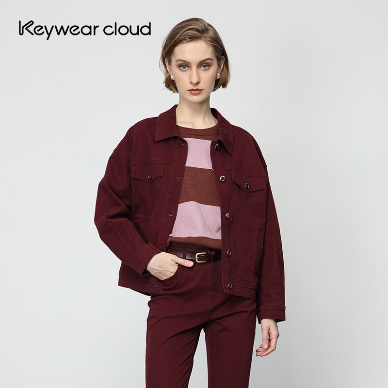 Keywear秋季红色翻领牛仔外套