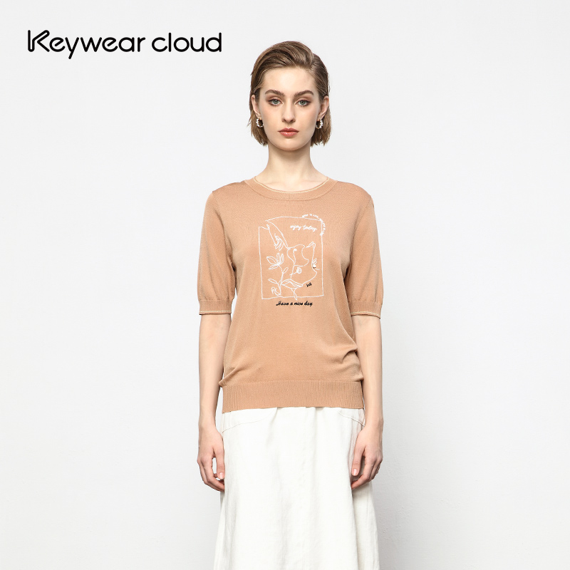 Keywearcloud奇威女装卡其色圆领短袖针织小衫女