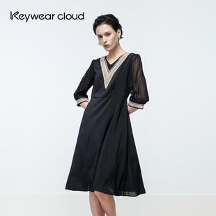 Keywearcloud奇威夏季洋气透气深V度假风五分袖高腰A字裙连衣裙