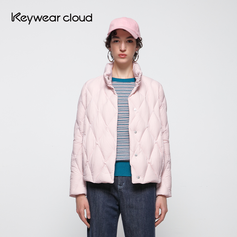 Keywearcloud奇威秋冬轻薄款白鹅绒菱形格子长袖羽绒服立领外套