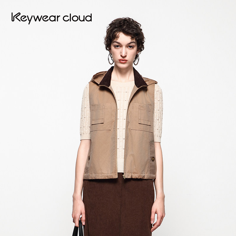 Keywearcloud奇威工装连帽口袋松紧版型无袖马甲外套