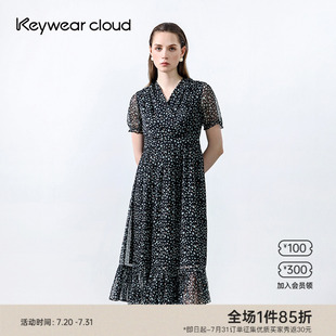 连衣裙女夏 Keywearcloud奇威海边度假裙子V领碎花荷叶边中长款