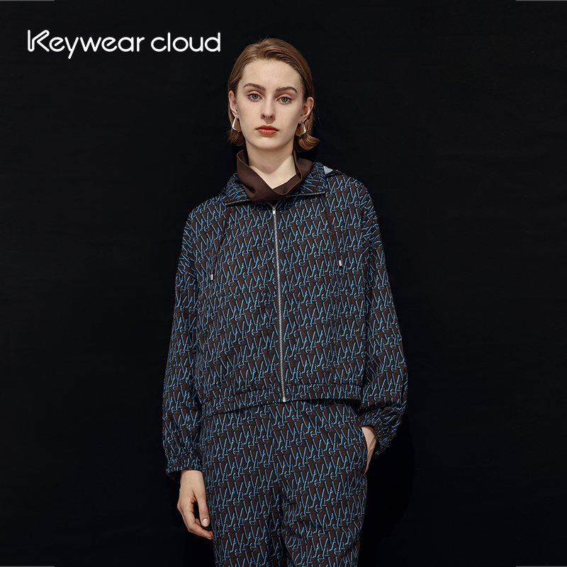 Keywearcloud奇威秋冬运动潮流满印设计拉链外套套装连帽冲锋衣