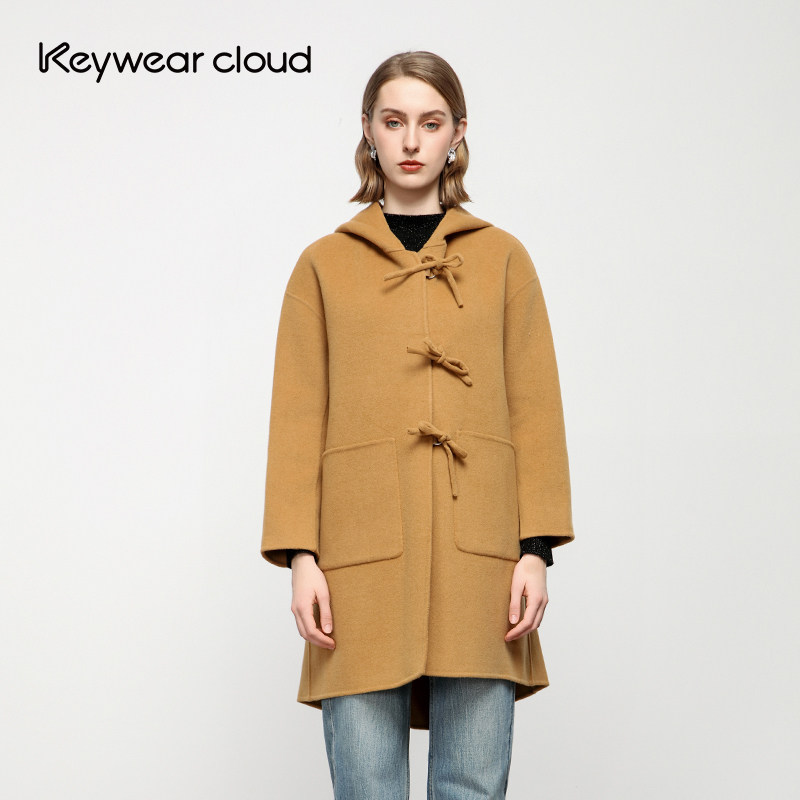 Keywearcloud奇威连帽系带扣大衣女学院风宽松中长款羊毛呢外套